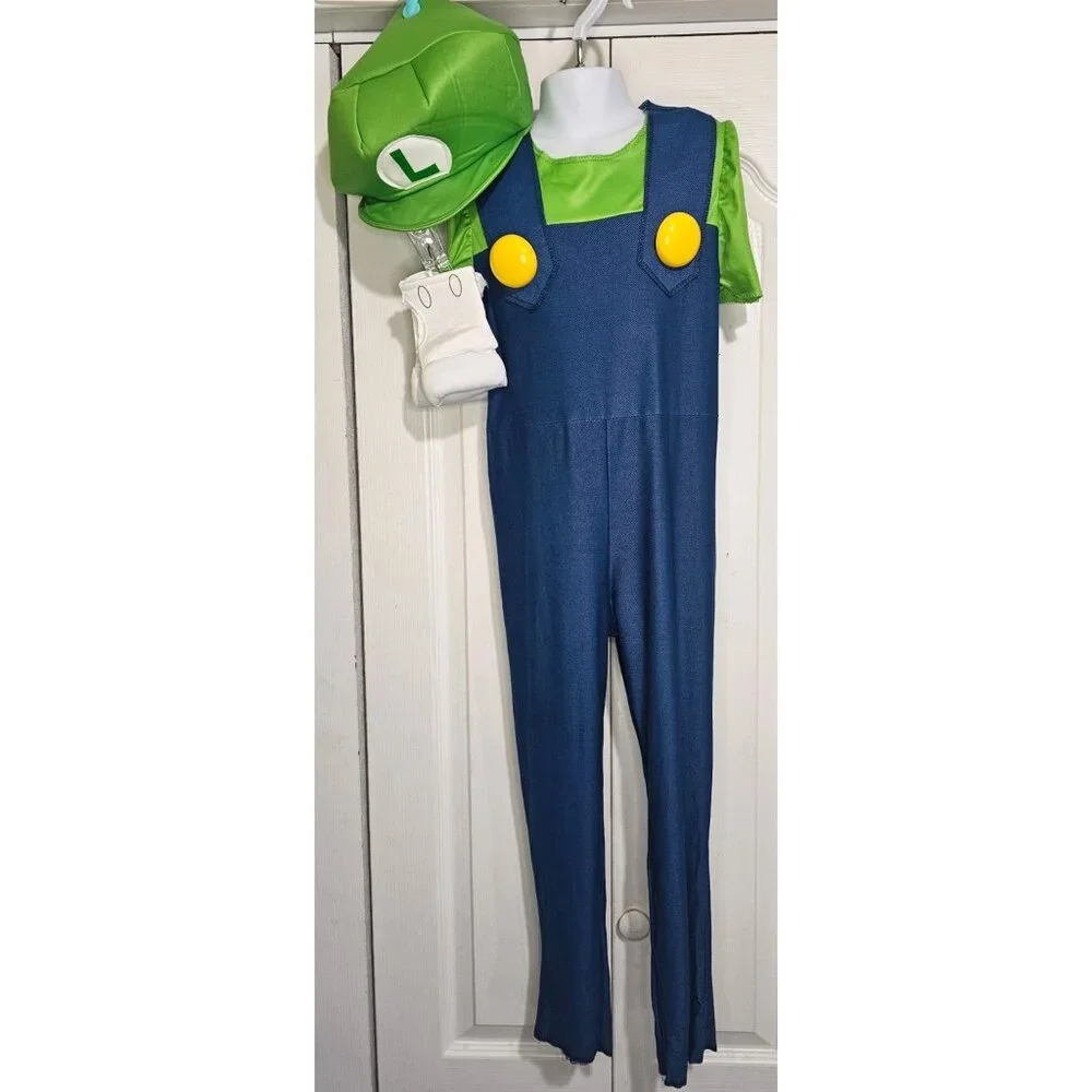 Luigi Costume Girls 7-8 Gloves Hat Jumpsuit Hat Mustache Super Mario Kids Cute